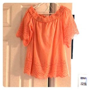 Off the shoulder peach shirt